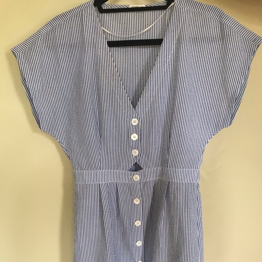Oysho blue seersucker pinstripe cover up dress